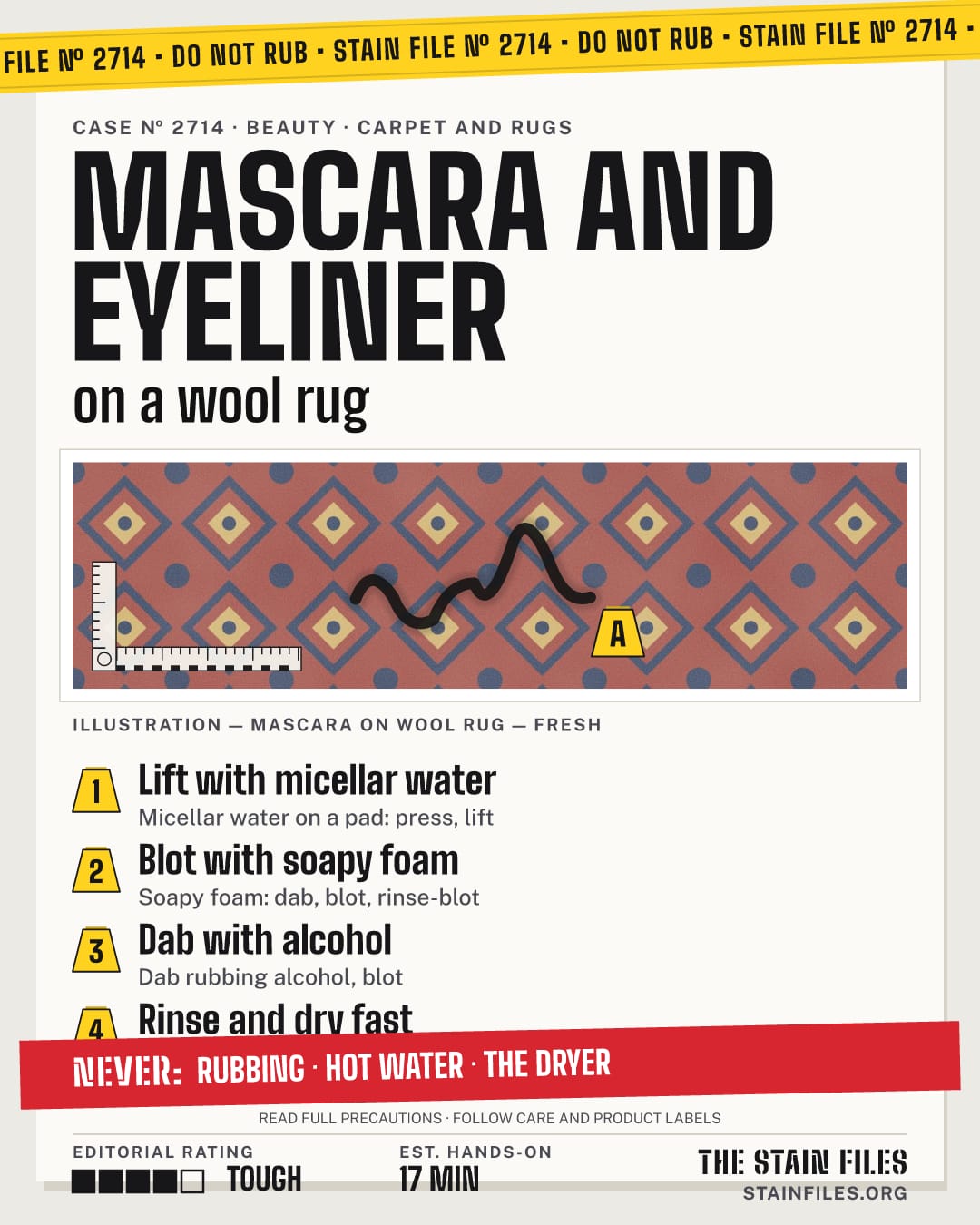 Stain file 2714: how to remove mascara from a wool rug, step by step, with what never to use