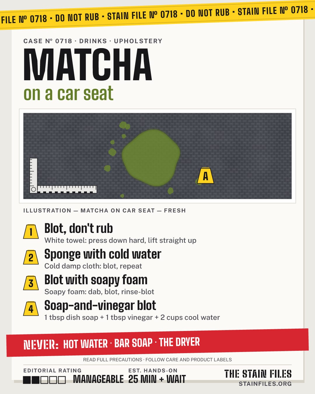 Stain file 0718: how to remove matcha from a car seat, step by step, with what never to use