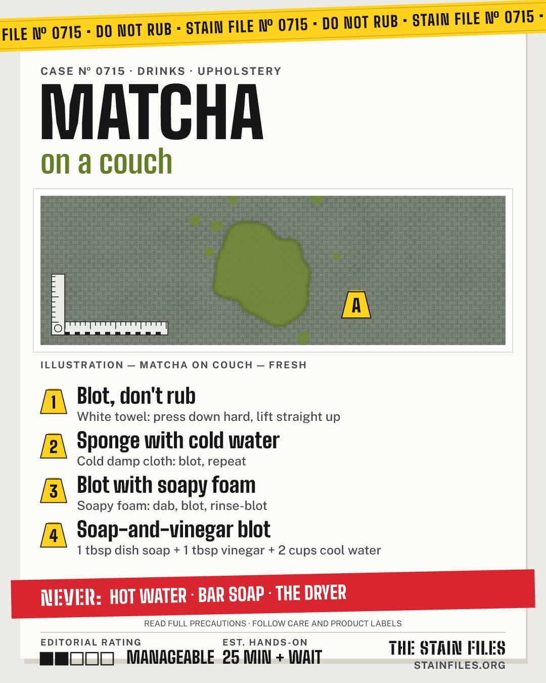 Stain file 0715: how to remove matcha from a couch, step by step, with what never to use