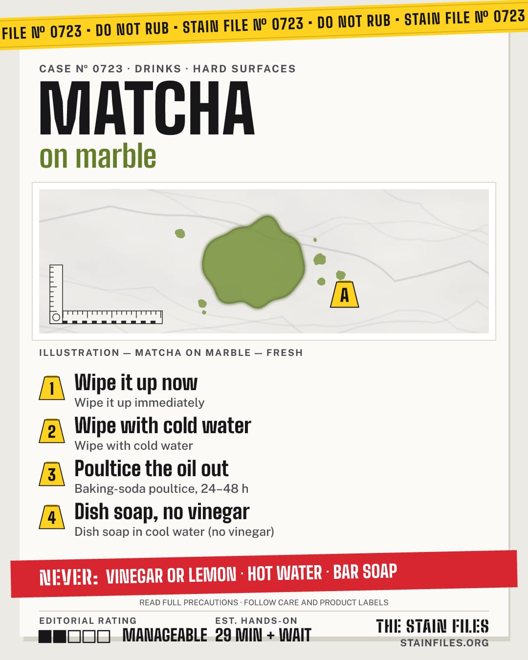 Stain file 0723: how to remove matcha from marble, step by step, with what never to use