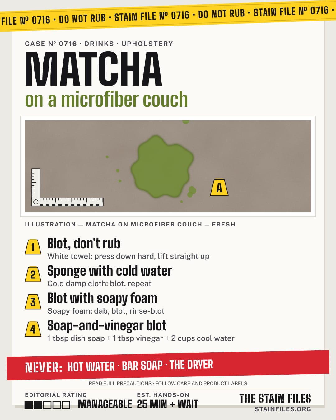 Stain file 0716: how to remove matcha from a microfiber couch, step by step, with what never to use