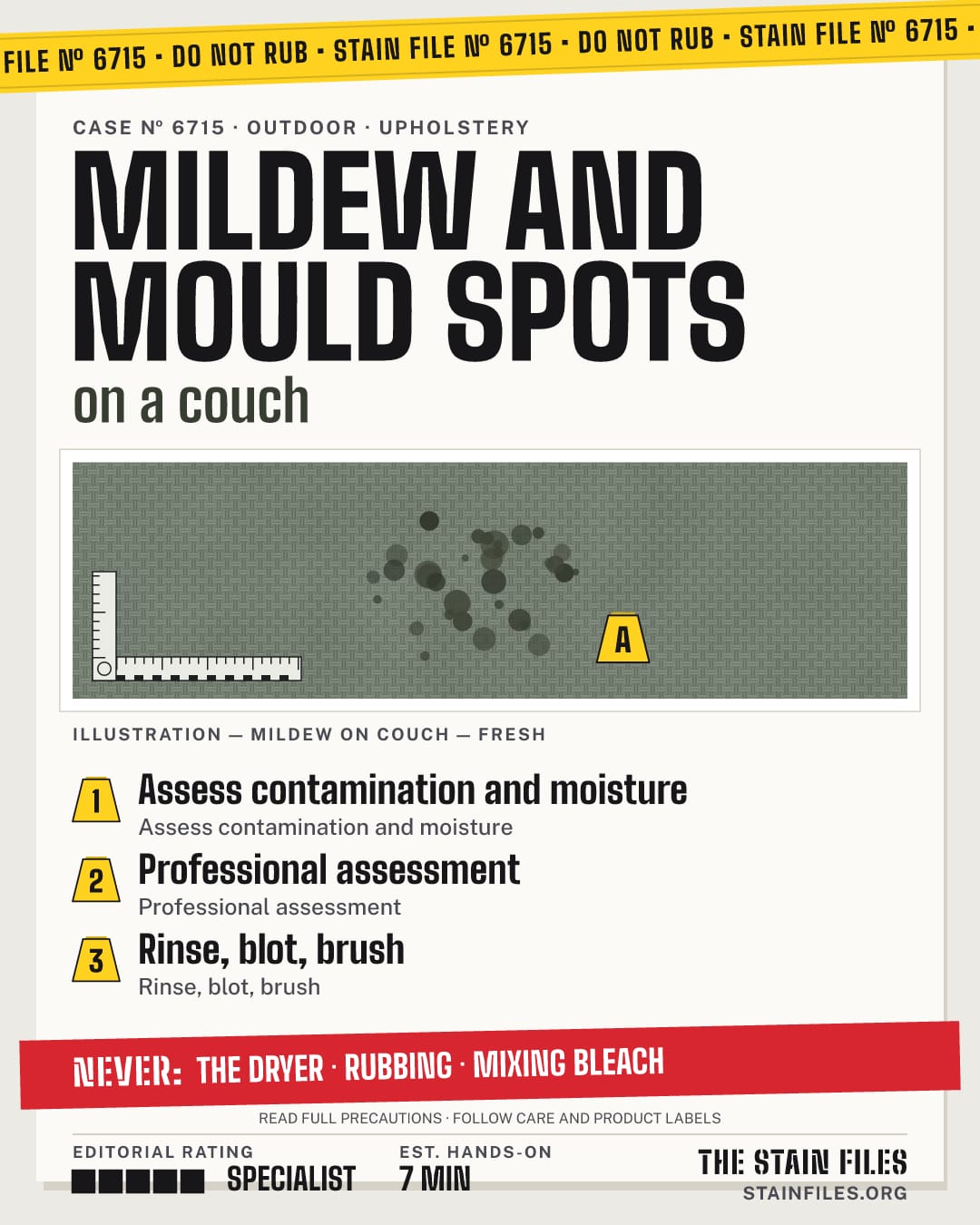 Stain file 6715: how to remove mildew from a couch, step by step, with what never to use