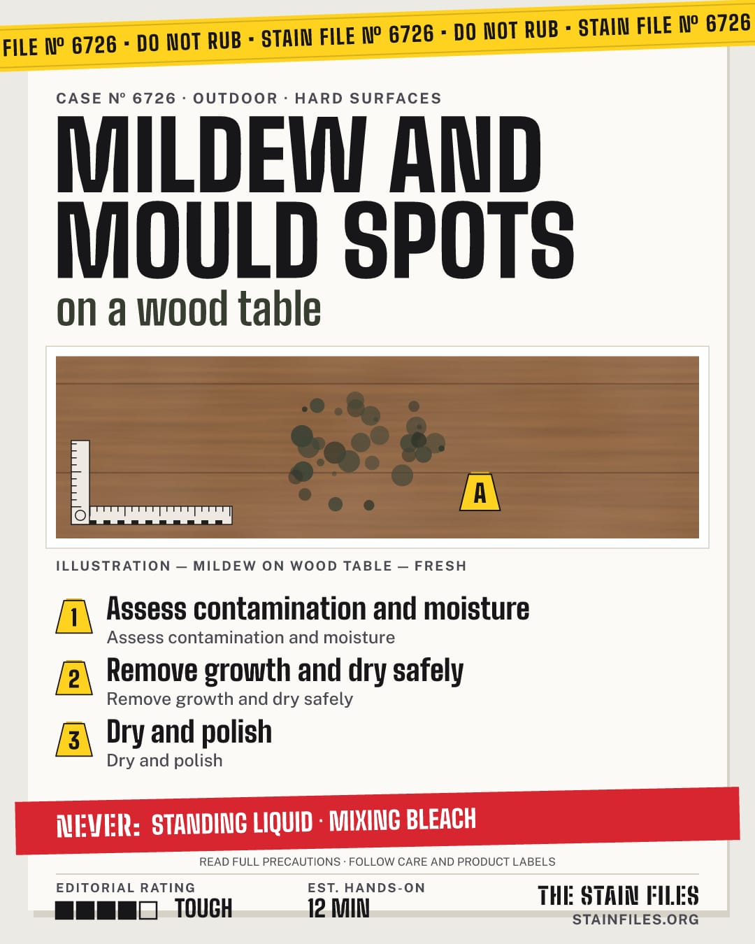 Stain file 6726: how to remove mildew from a wood table, step by step, with what never to use
