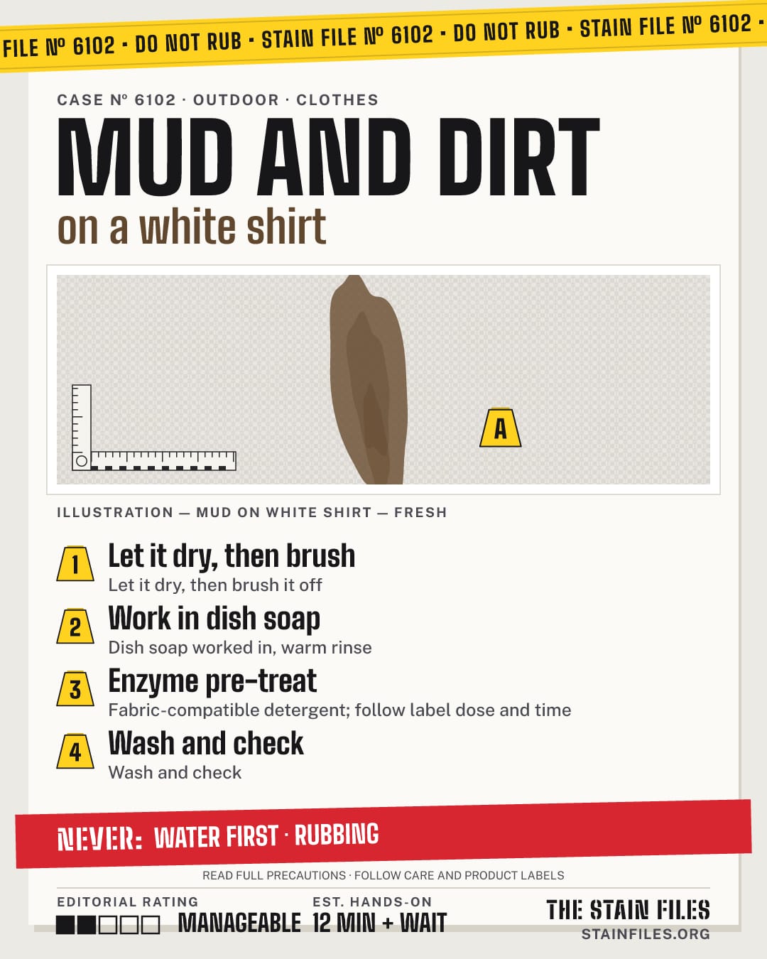 Stain file 6102: how to remove mud from a white shirt, step by step, with what never to use
