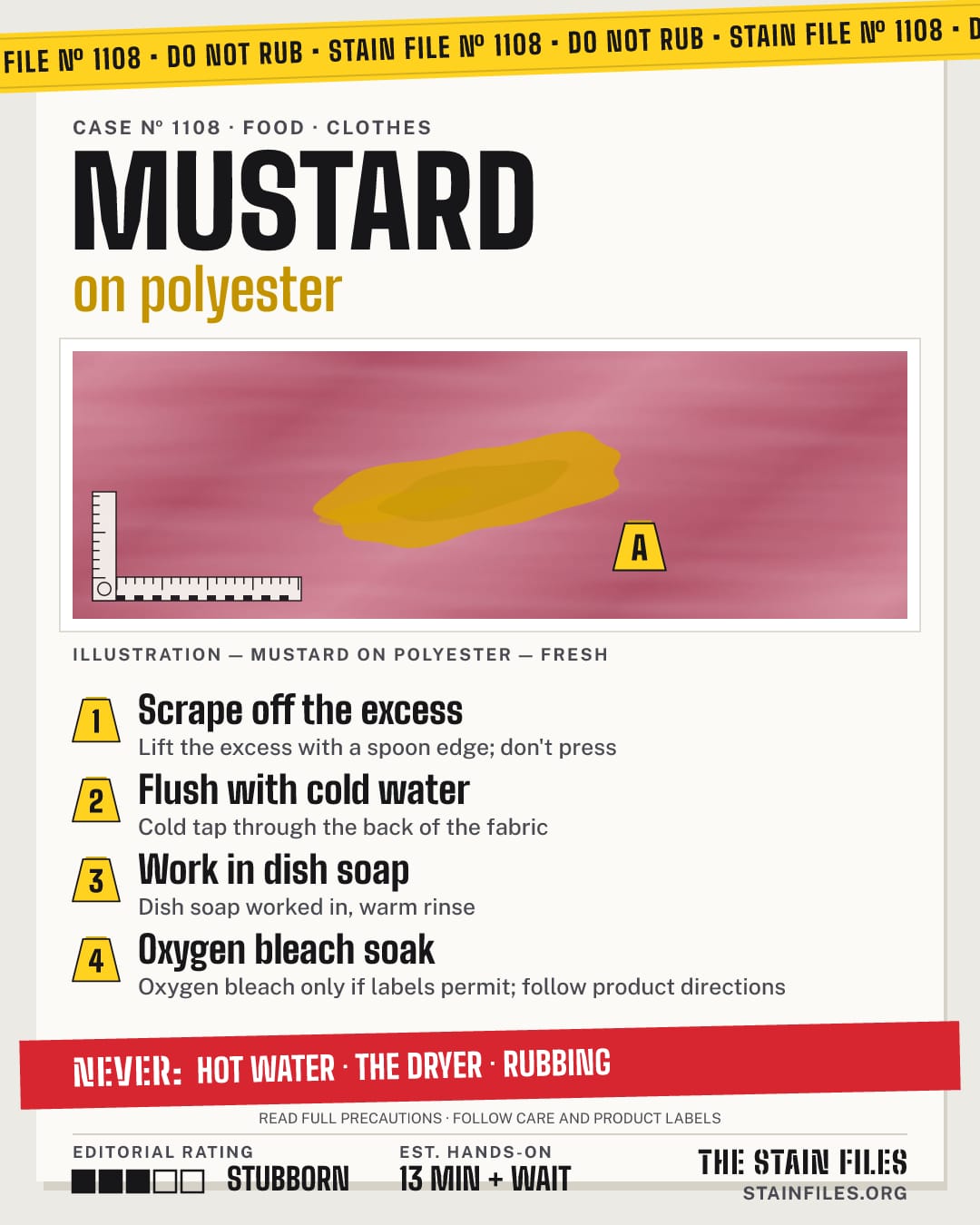 Stain file 1108: how to remove mustard from polyester, step by step, with what never to use