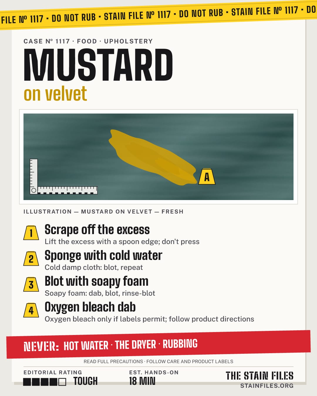 Stain file 1117: how to remove mustard from velvet, step by step, with what never to use
