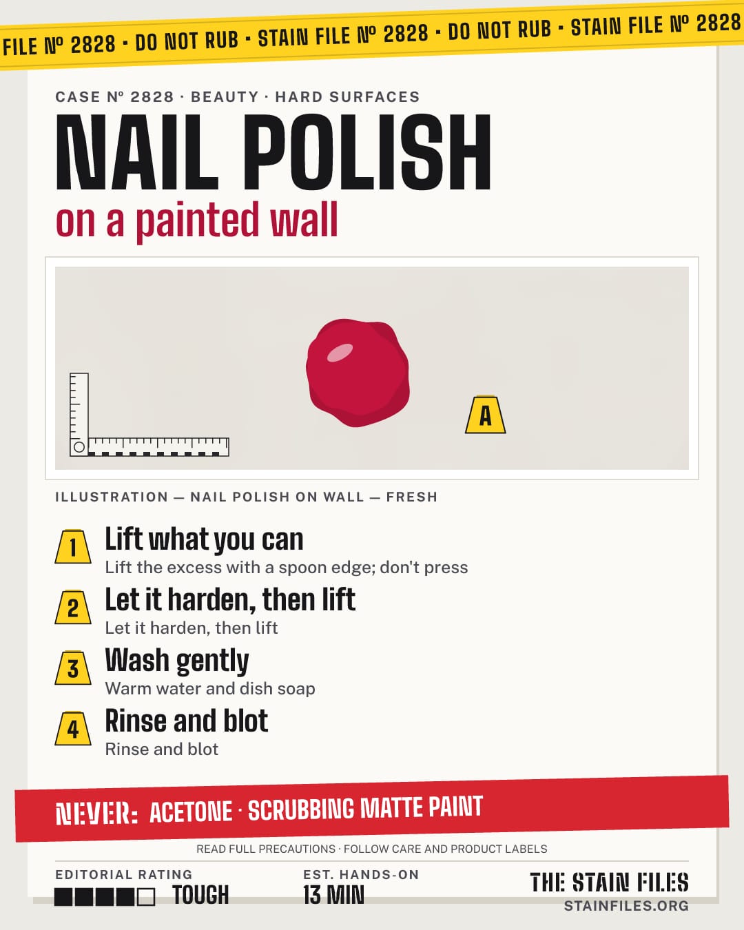 Stain file 2828: how to remove nail polish from a painted wall, step by step, with what never to use