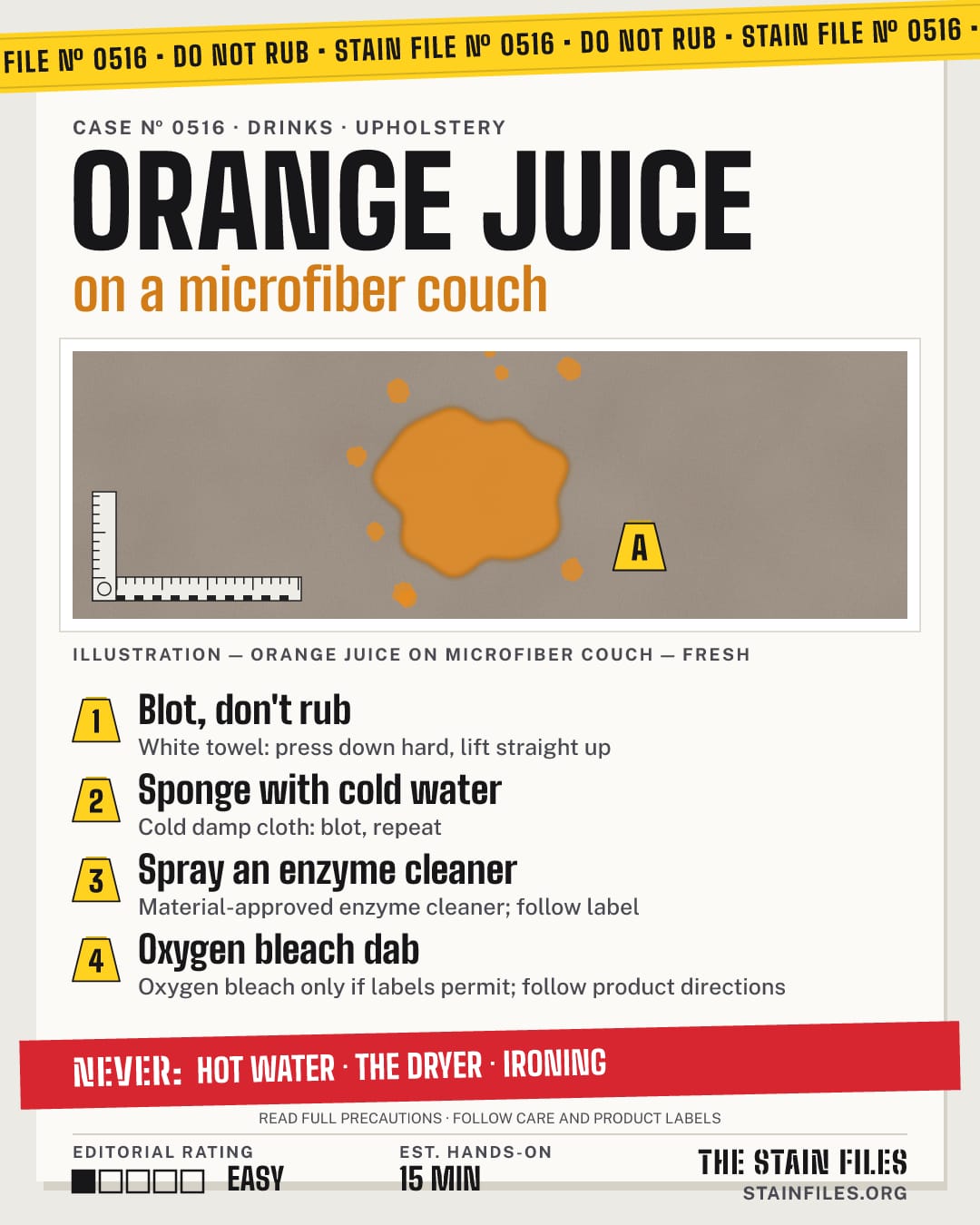 Stain file 0516: how to remove orange juice from a microfiber couch, step by step, with what never to use