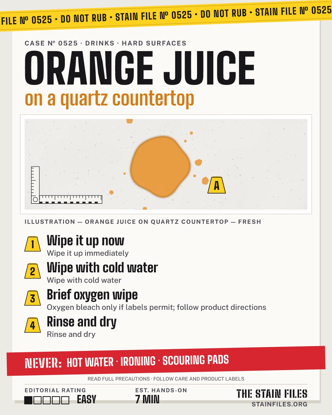 Stain file 0525: how to remove orange juice from a quartz countertop, step by step, with what never to use