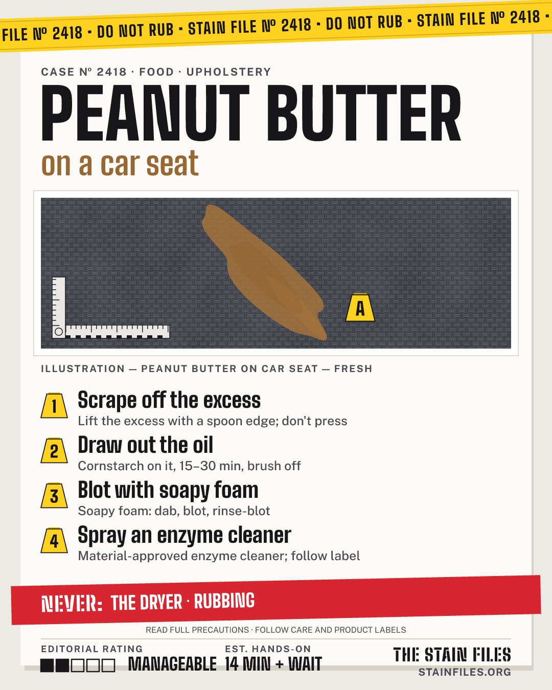 Stain file 2418: how to remove peanut butter from a car seat, step by step, with what never to use