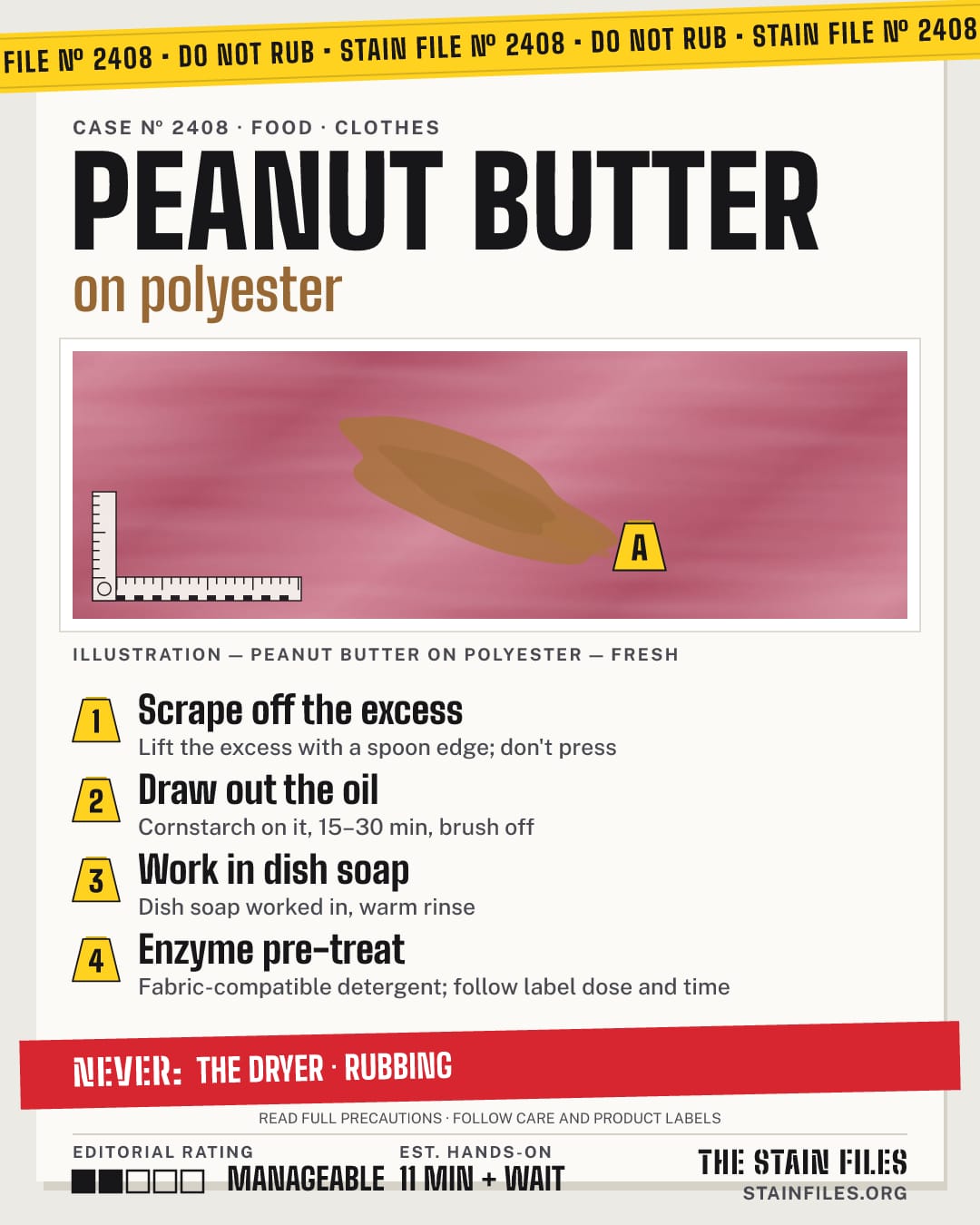 Stain file 2408: how to remove peanut butter from polyester, step by step, with what never to use