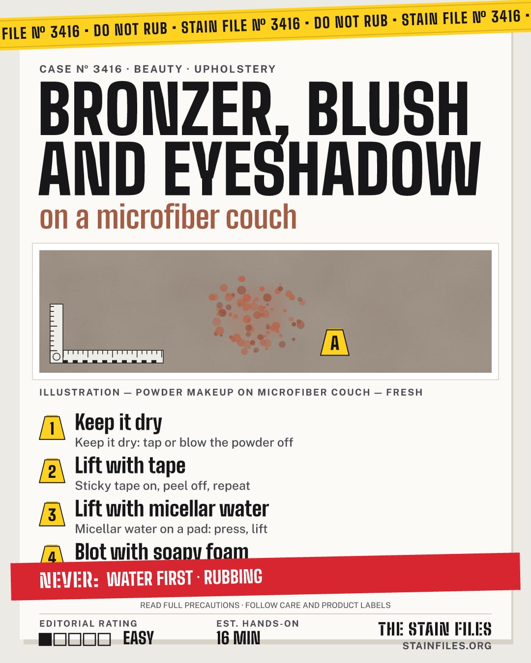 Stain file 3416: how to remove powder makeup from a microfiber couch, step by step, with what never to use