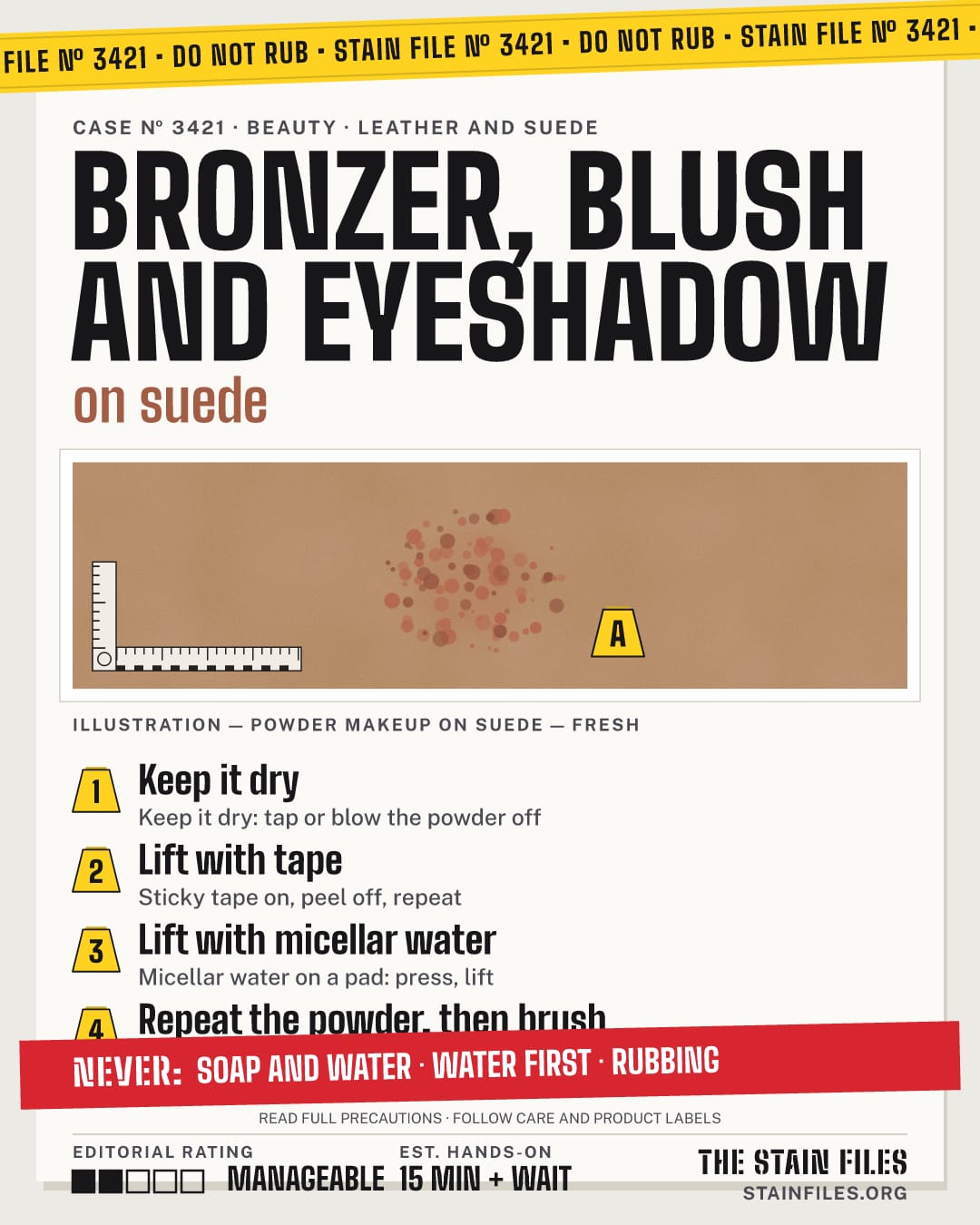 Stain file 3421: how to remove powder makeup from suede, step by step, with what never to use