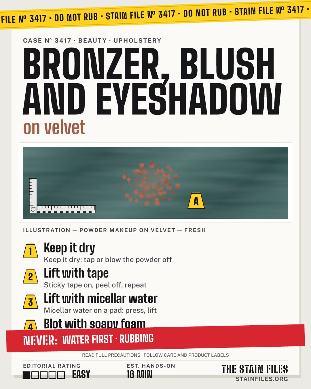 Stain file 3417: how to remove powder makeup from velvet, step by step, with what never to use