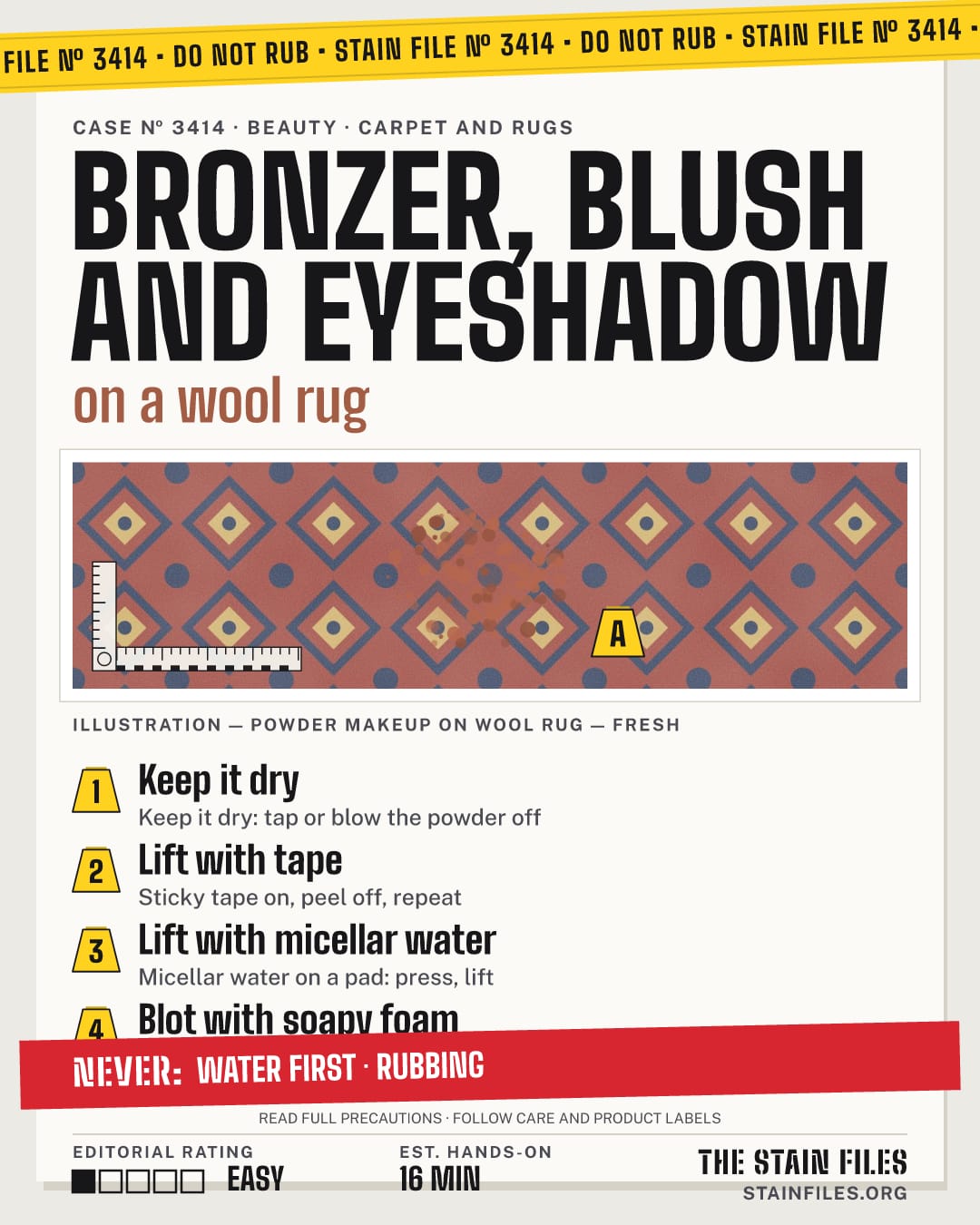 Stain file 3414: how to remove powder makeup from a wool rug, step by step, with what never to use