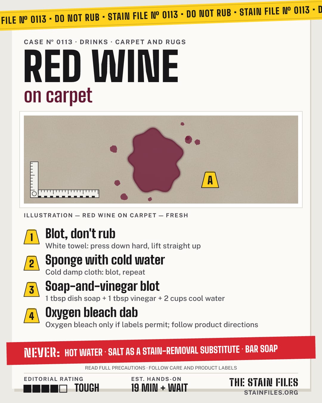 Stain file 0113: how to remove red wine from carpet, step by step, with what never to use