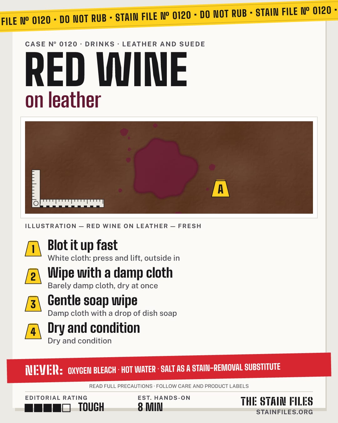 Stain file 0120: how to remove red wine from leather, step by step, with what never to use