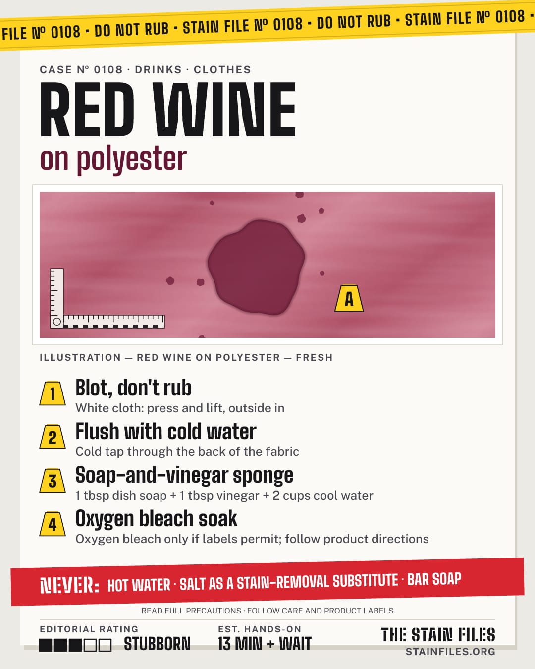 Stain file 0108: how to remove red wine from polyester, step by step, with what never to use