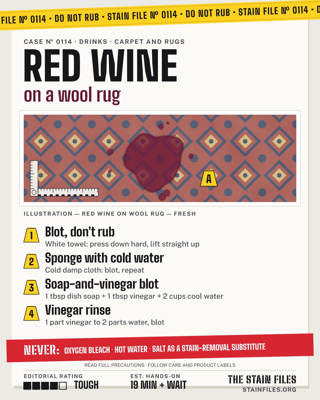 Stain file 0114: how to remove red wine from a wool rug, step by step, with what never to use