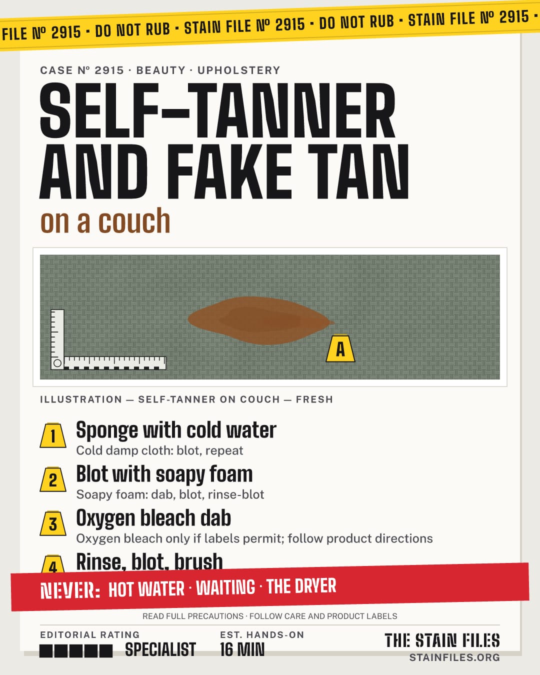 Stain file 2915: how to remove self-tanner from a couch, step by step, with what never to use