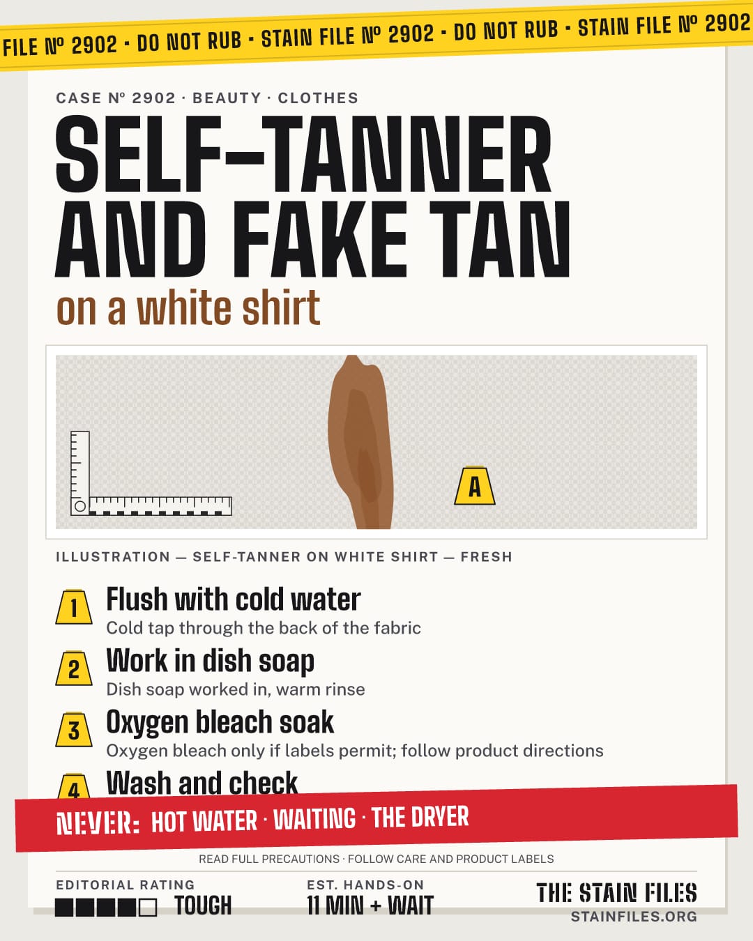 Stain file 2902: how to remove self-tanner from a white shirt, step by step, with what never to use