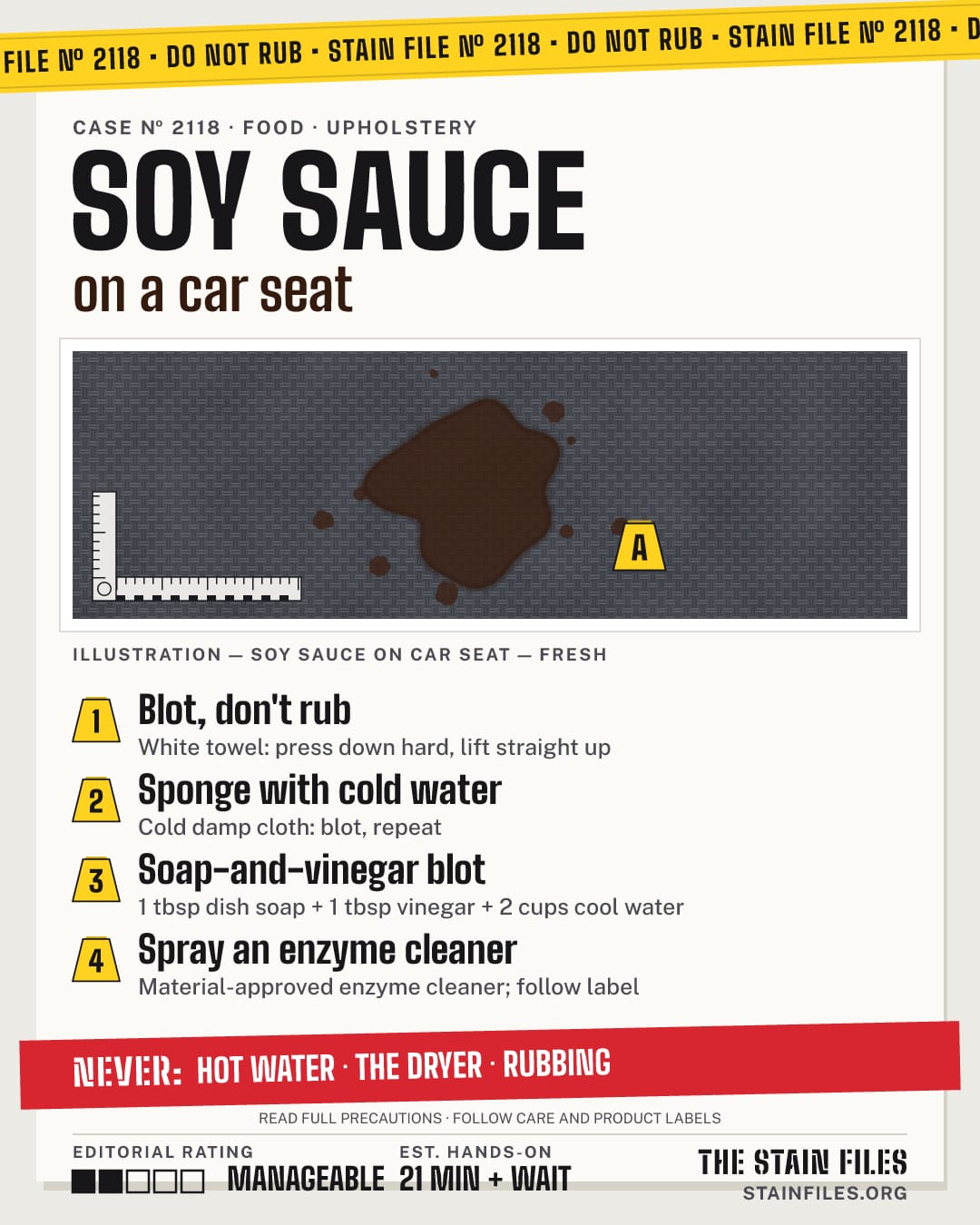 Stain file 2118: how to remove soy sauce from a car seat, step by step, with what never to use