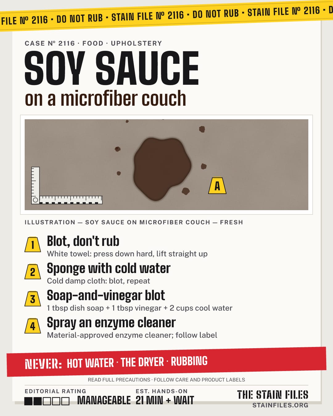 Stain file 2116: how to remove soy sauce from a microfiber couch, step by step, with what never to use