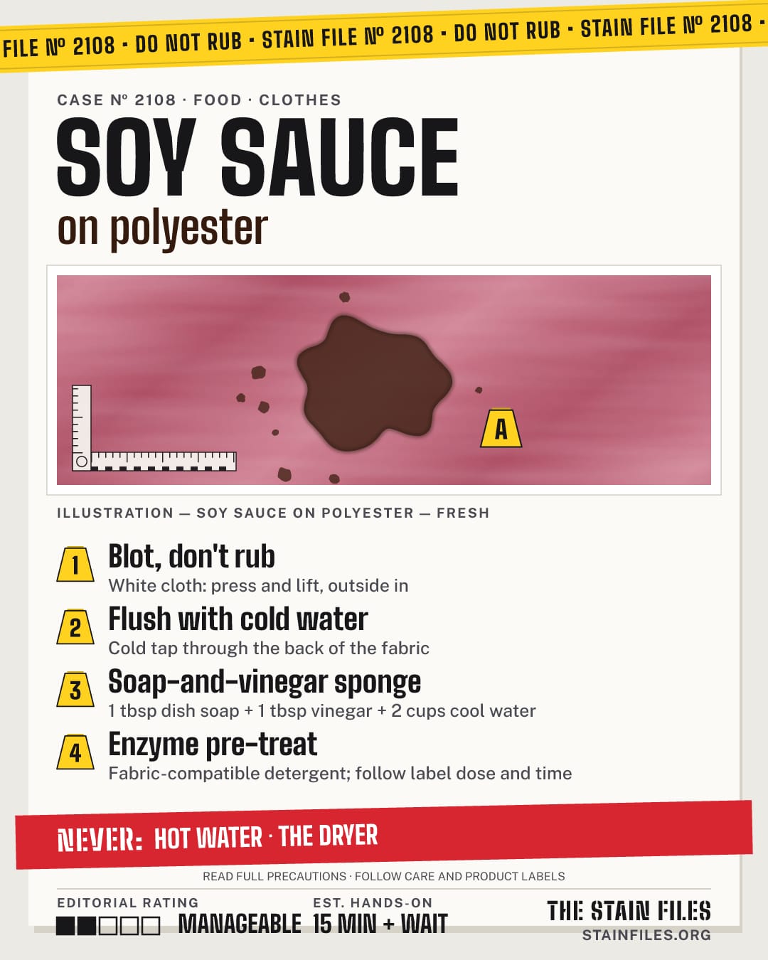 Stain file 2108: how to remove soy sauce from polyester, step by step, with what never to use