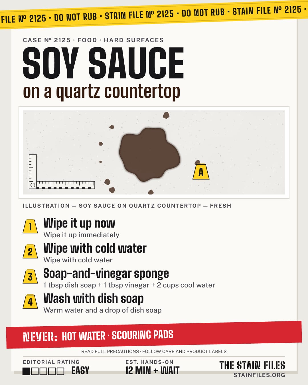 Stain file 2125: how to remove soy sauce from a quartz countertop, step by step, with what never to use
