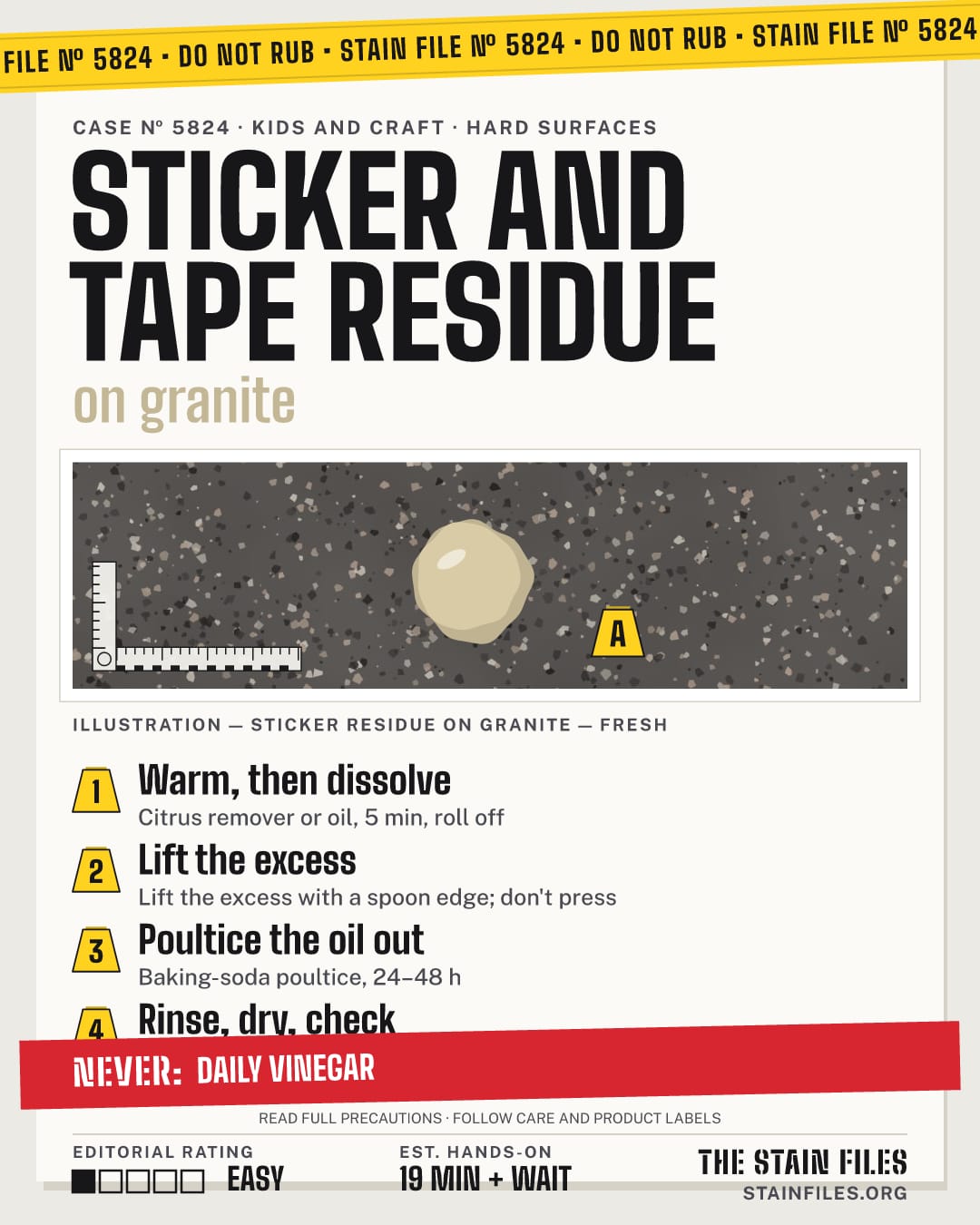 Stain file 5824: how to remove sticker residue from granite, step by step, with what never to use