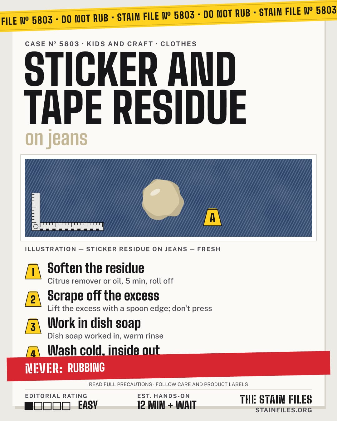 Stain file 5803: how to remove sticker residue from jeans, step by step, with what never to use