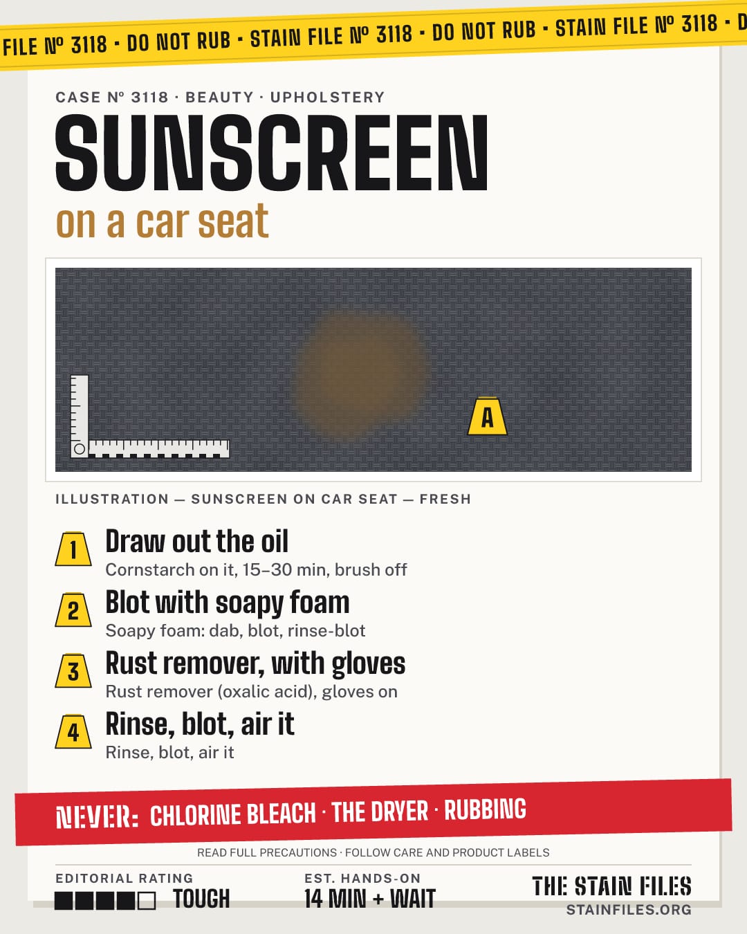 Stain file 3118: how to remove sunscreen from a car seat, step by step, with what never to use
