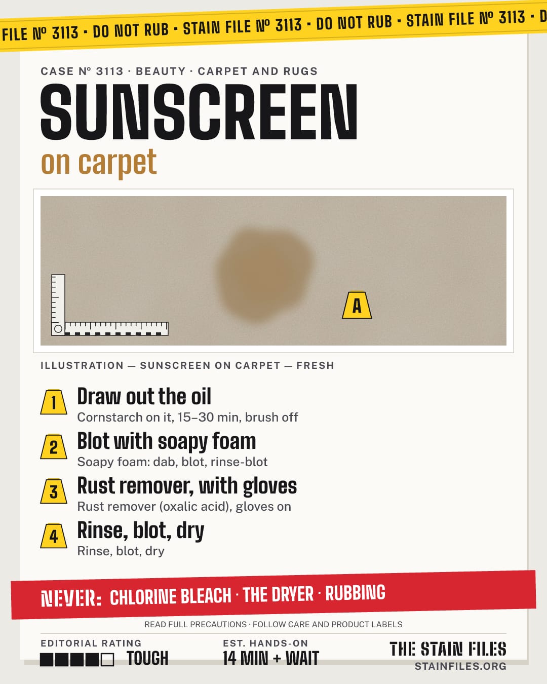 Stain file 3113: how to remove sunscreen from carpet, step by step, with what never to use