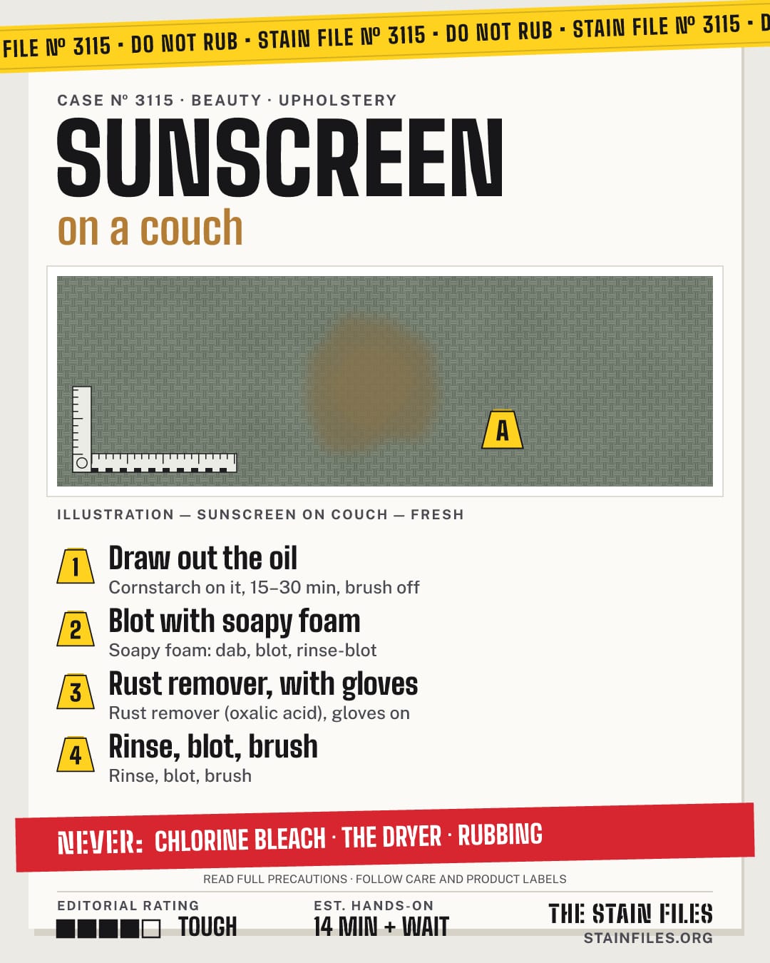 Stain file 3115: how to remove sunscreen from a couch, step by step, with what never to use