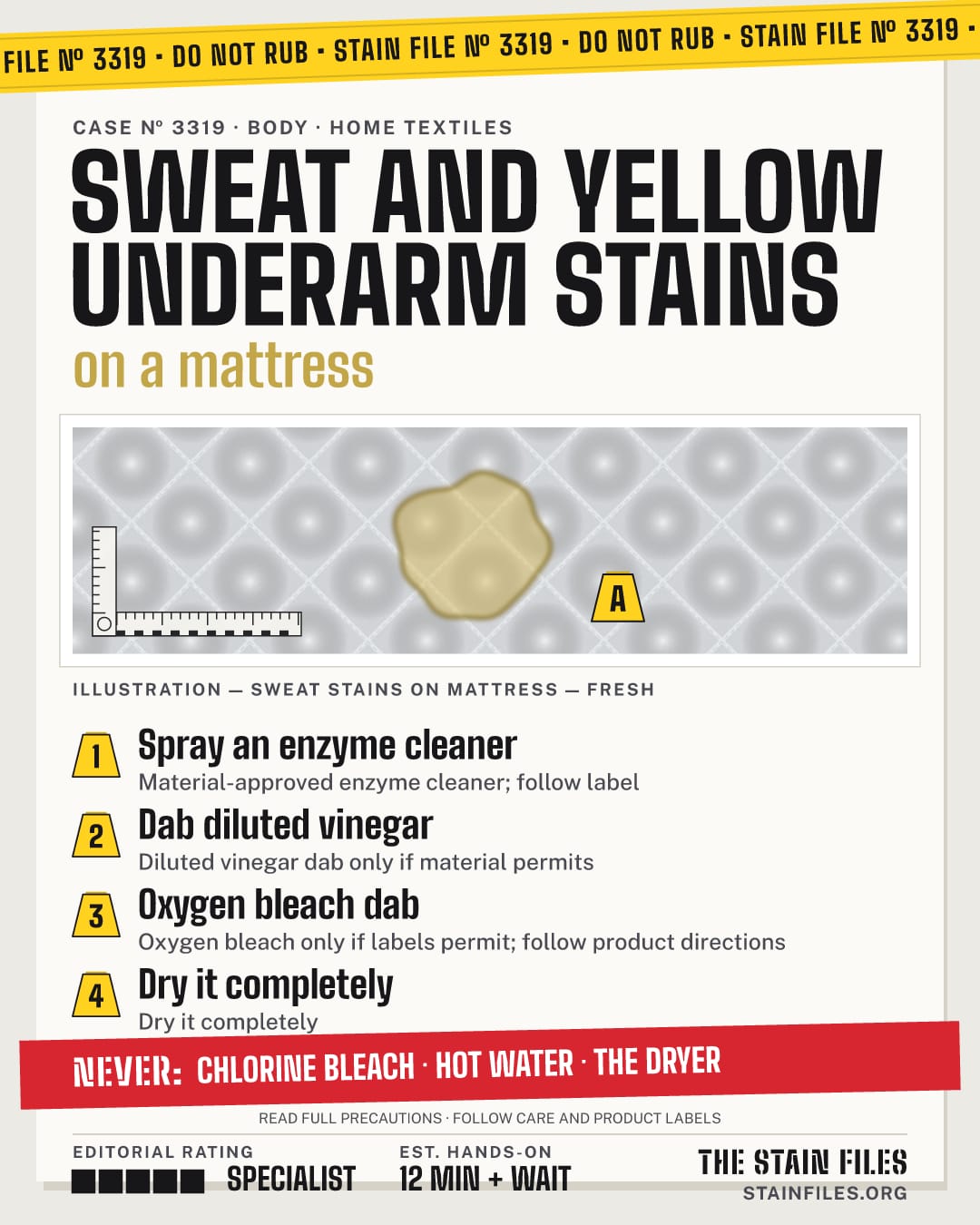 Stain file 3319: how to remove sweat stains from a mattress, step by step, with what never to use