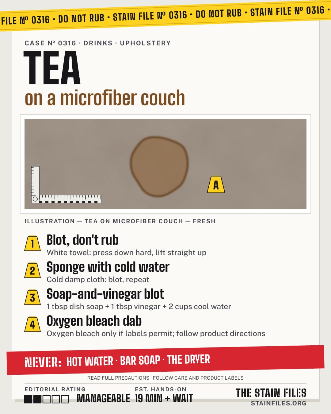 Stain file 0316: how to remove tea from a microfiber couch, step by step, with what never to use