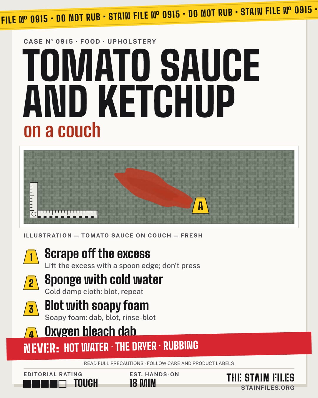 Stain file 0915: how to remove tomato sauce from a couch, step by step, with what never to use