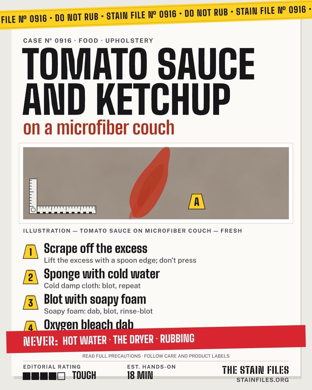 Stain file 0916: how to remove tomato sauce from a microfiber couch, step by step, with what never to use