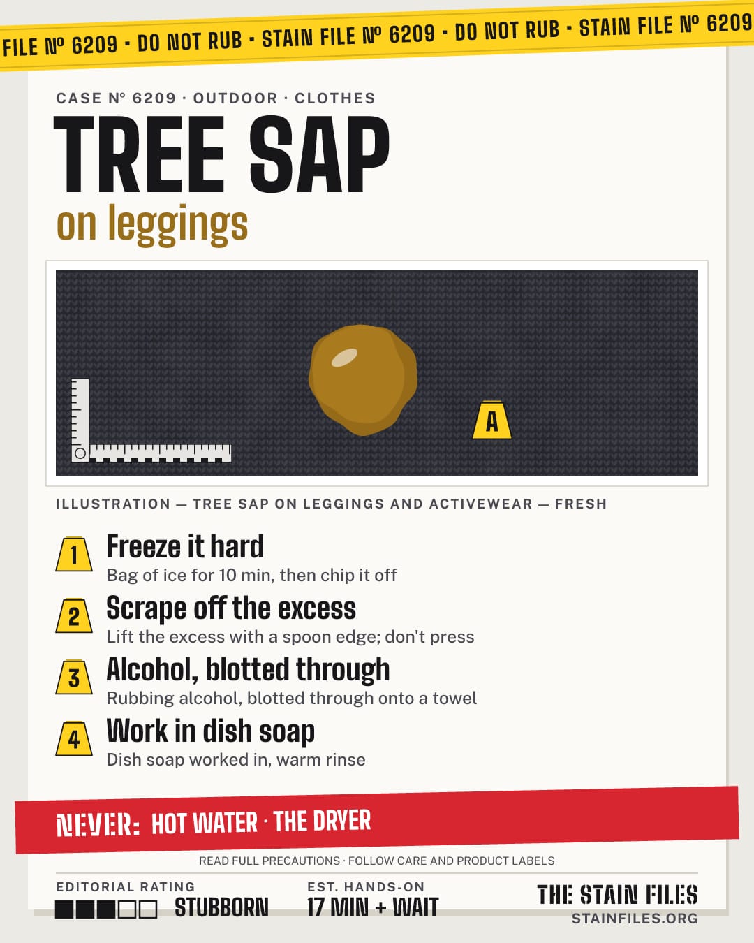 Stain file 6209: how to remove tree sap from leggings, step by step, with what never to use
