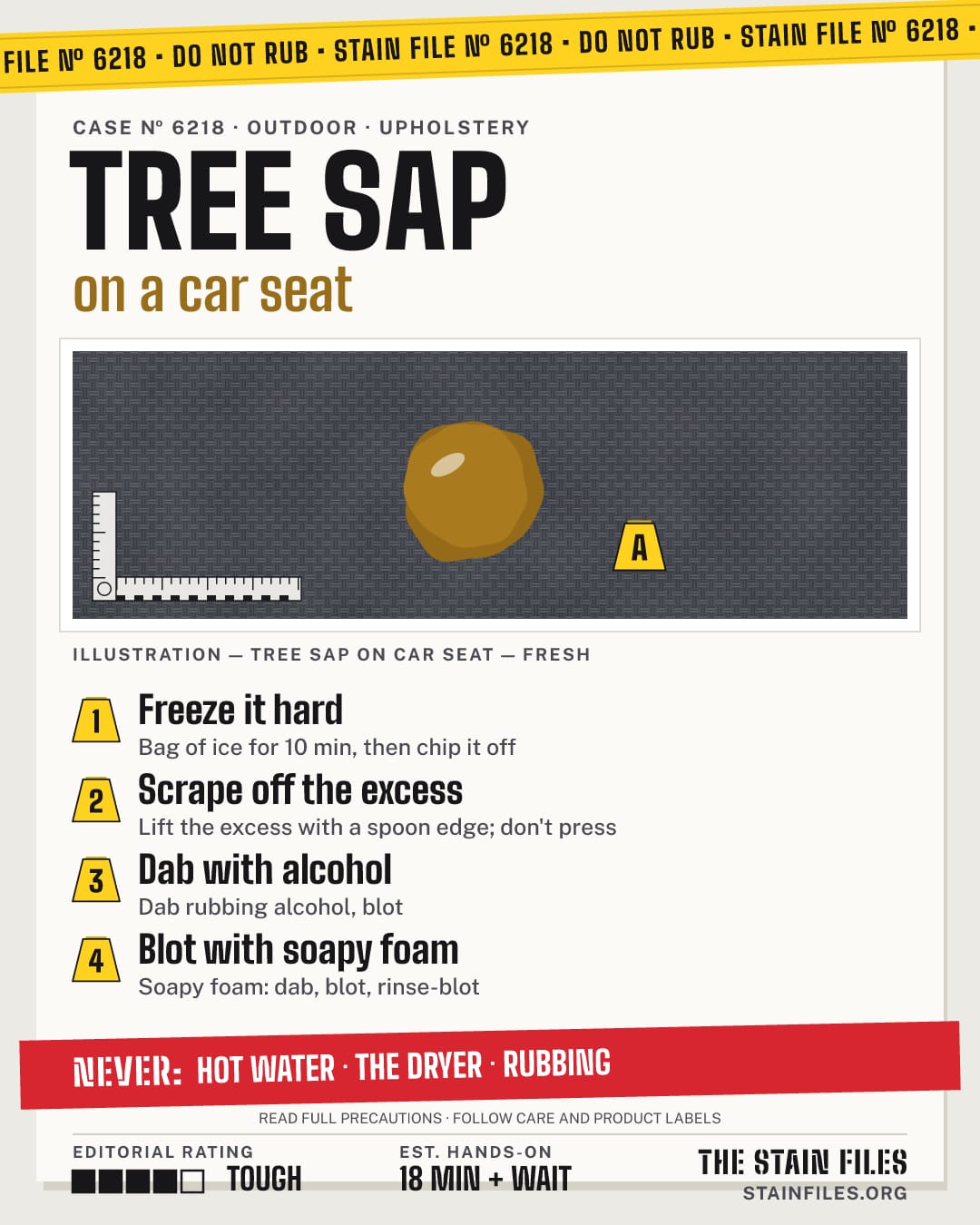 Stain file 6218: how to remove tree sap from a car seat, step by step, with what never to use