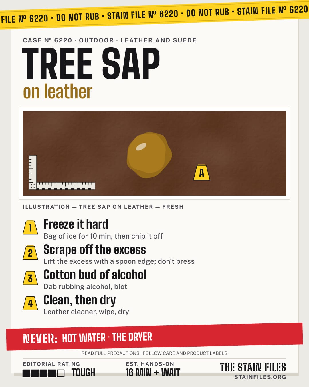 Stain file 6220: how to remove tree sap from leather, step by step, with what never to use