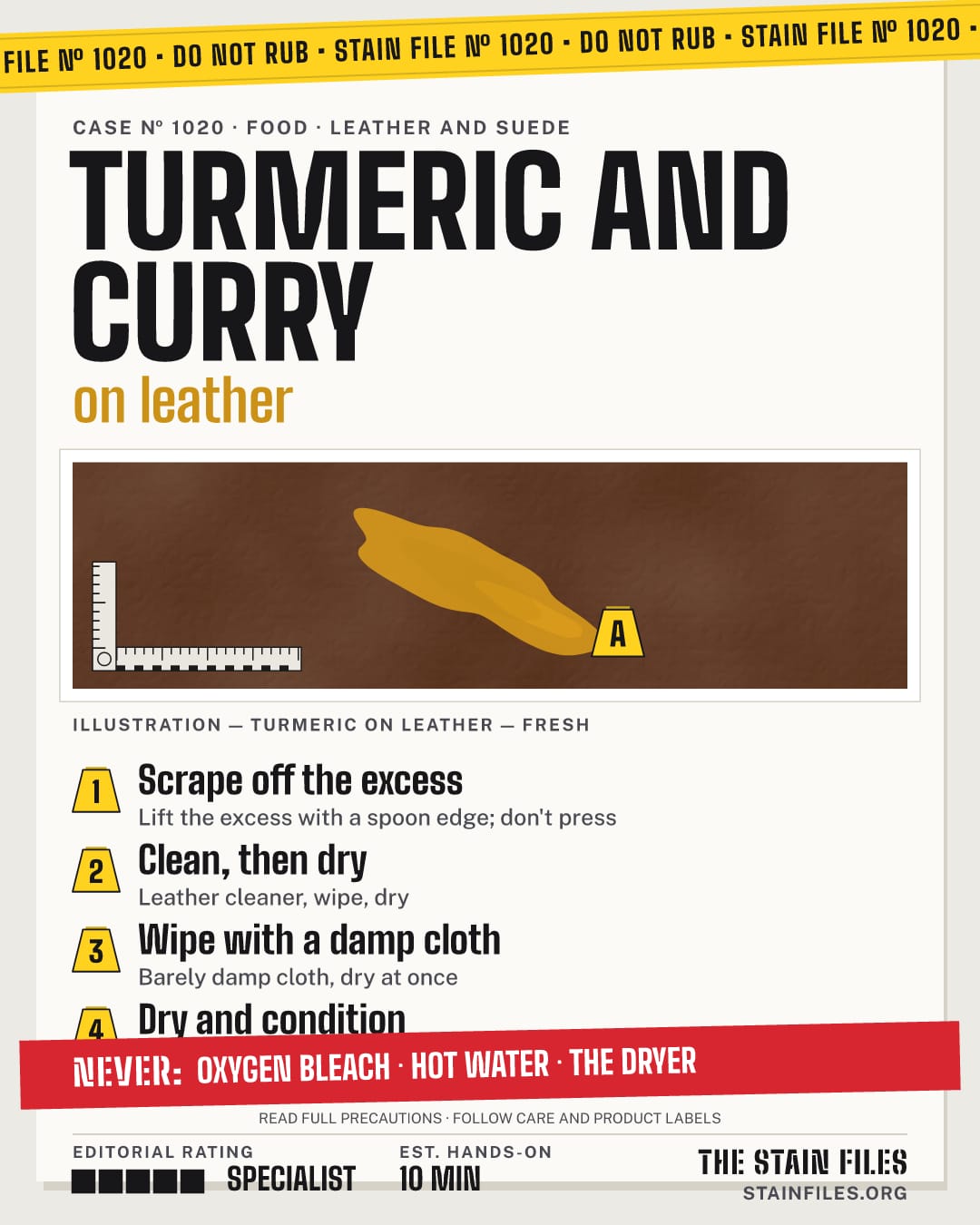 Stain file 1020: how to remove turmeric from leather, step by step, with what never to use