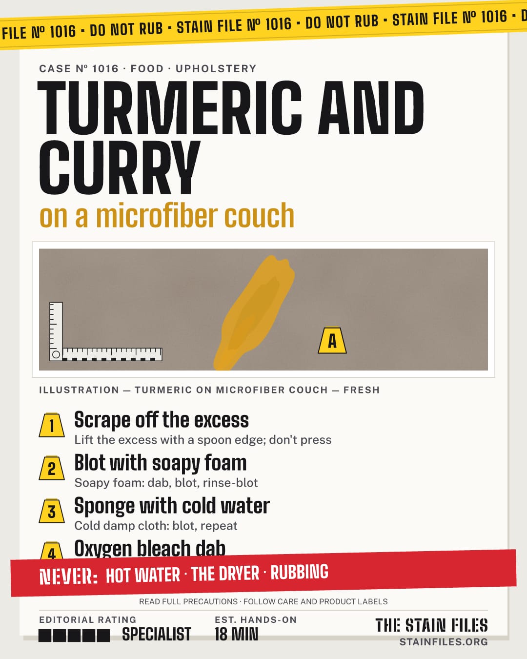 Stain file 1016: how to remove turmeric from a microfiber couch, step by step, with what never to use