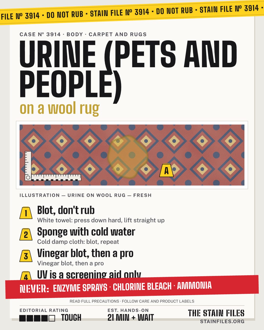 Stain file 3914: how to remove urine from a wool rug, step by step, with what never to use