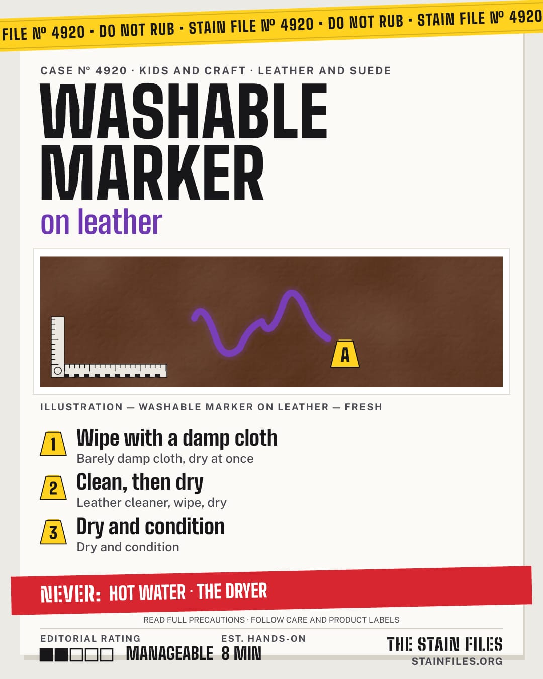 Stain file 4920: how to remove washable marker from leather, step by step, with what never to use