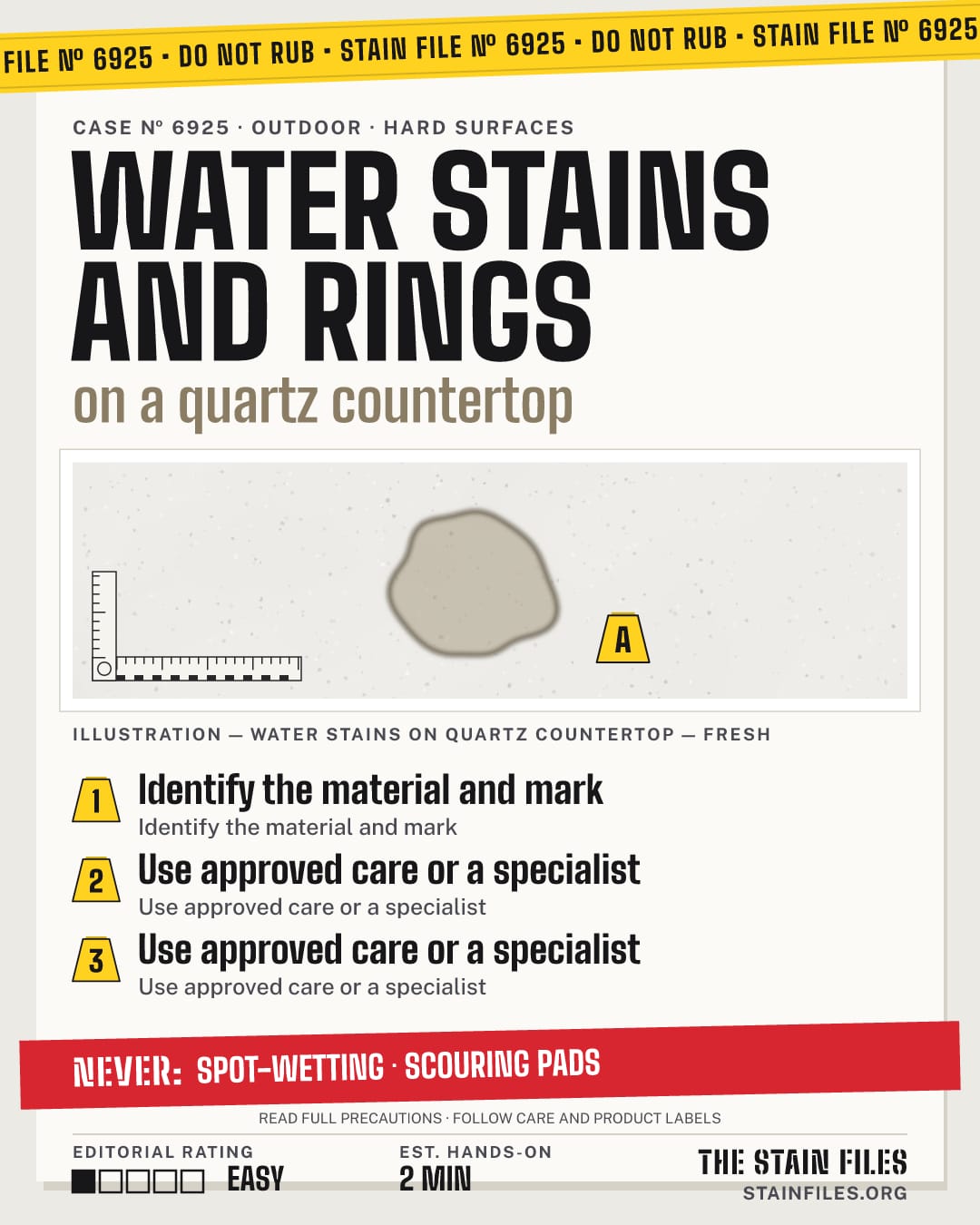 Stain file 6925: how to remove water stains from a quartz countertop, step by step, with what never to use