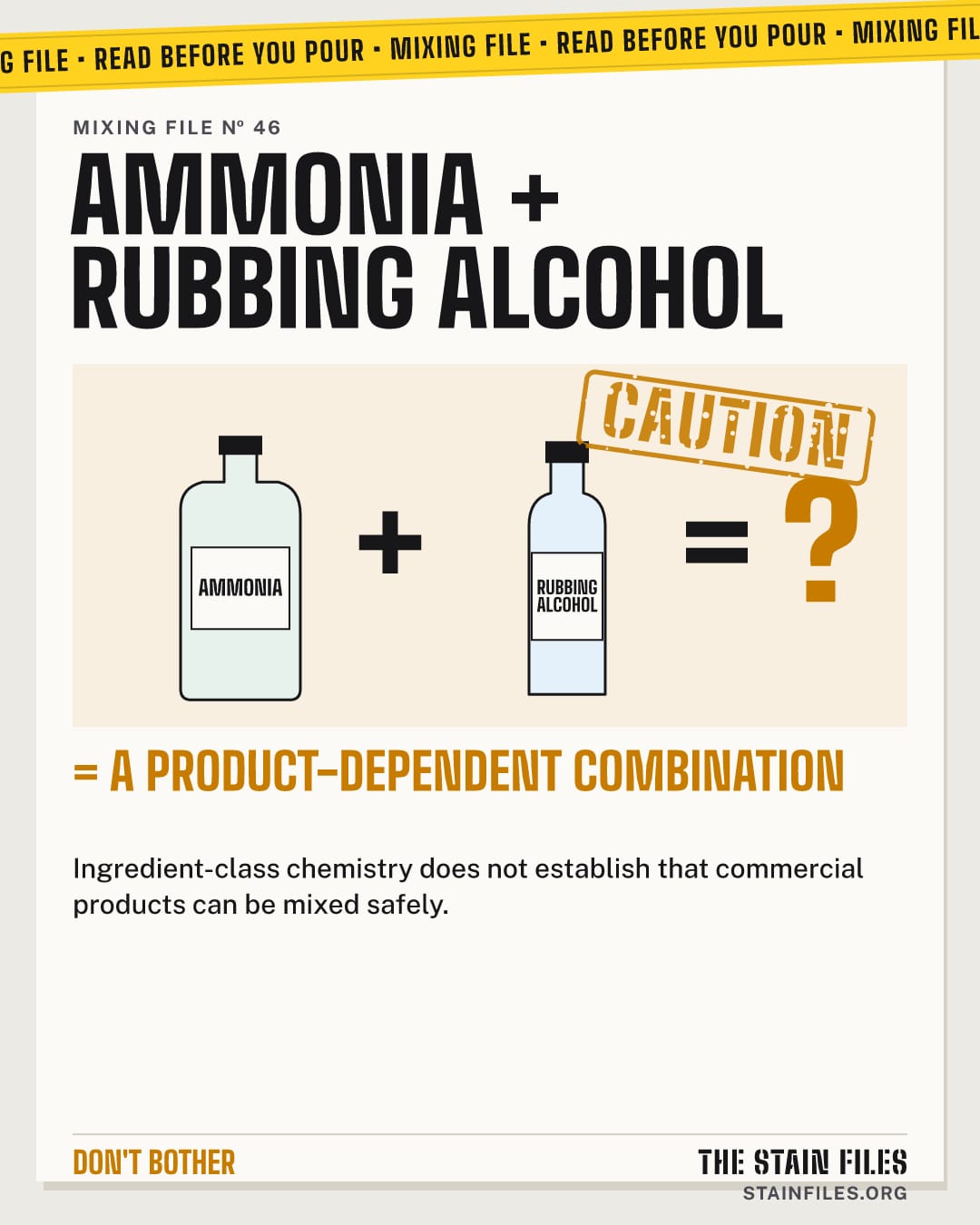 Mixing ammonia and rubbing alcohol: caution, a product-dependent combination