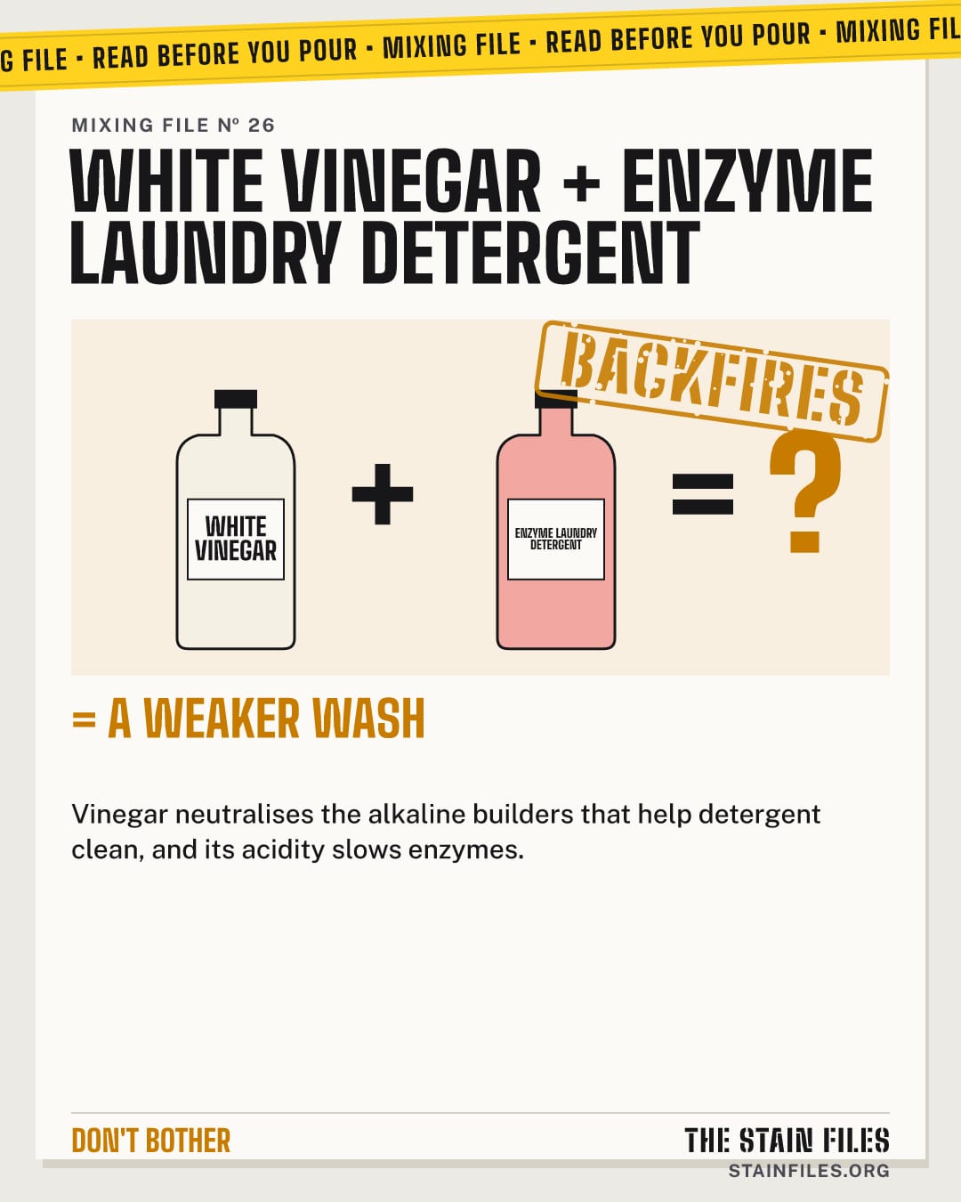 Mixing white vinegar and enzyme laundry detergent: counterproductive, a weaker wash