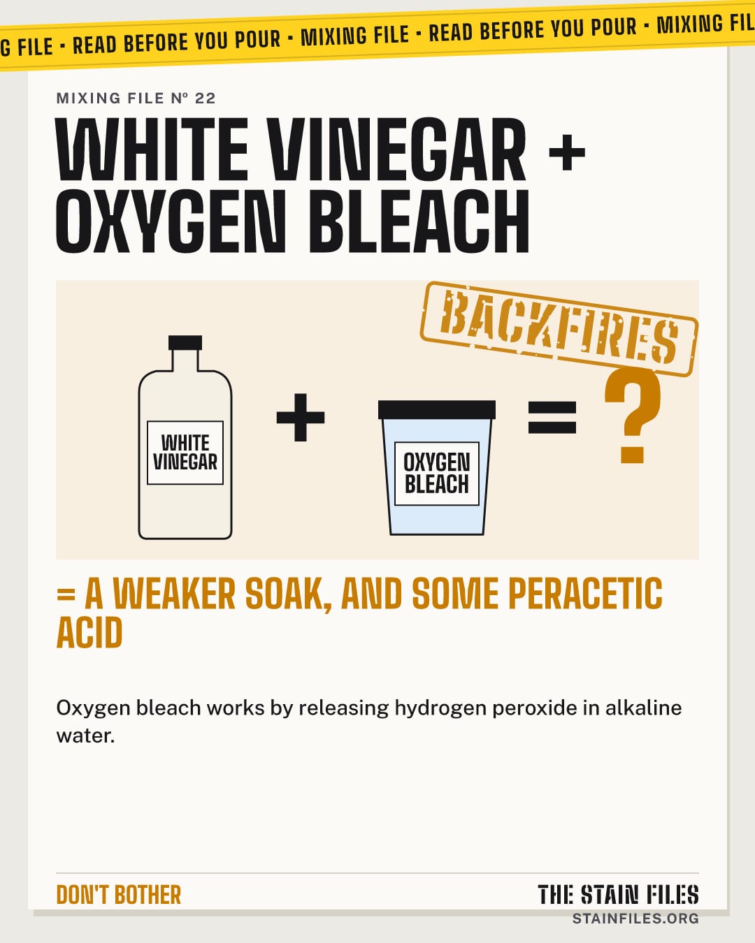 Mixing white vinegar and oxygen bleach: counterproductive, a weaker soak, and some peracetic acid